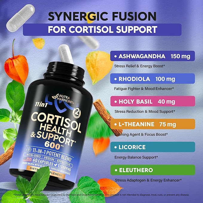 Cortisol Supplement - 11 in 1 Hormone Balance for Women - Made in USA Supplement - Mood, Focus, Sleep Support - Vegan, Non-GMO, Natural Pills - 60 Capsules, 2 Month Supply