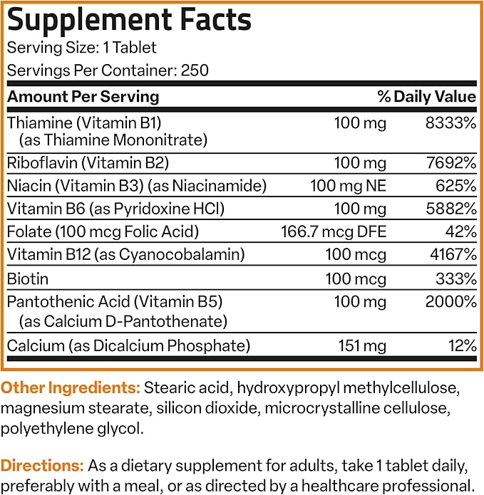 Bronson Super B 100 Vitamin B B1, B2, B2, B3, B3, B6, B6, B9 B9 - B12) Supports 250 Tablets
