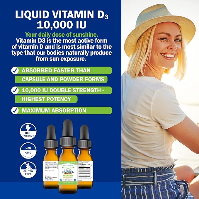 Power By Naturals Vitamin D3 Liquid Drops 10000 IU - High-Potency Vitamin D3 for Adult Bone Strength & Immune Support - Gluten-Free, Non-GMO, Sugar-Free Vitamin - Orange Flavor, 1 fl Oz (30 Servings)