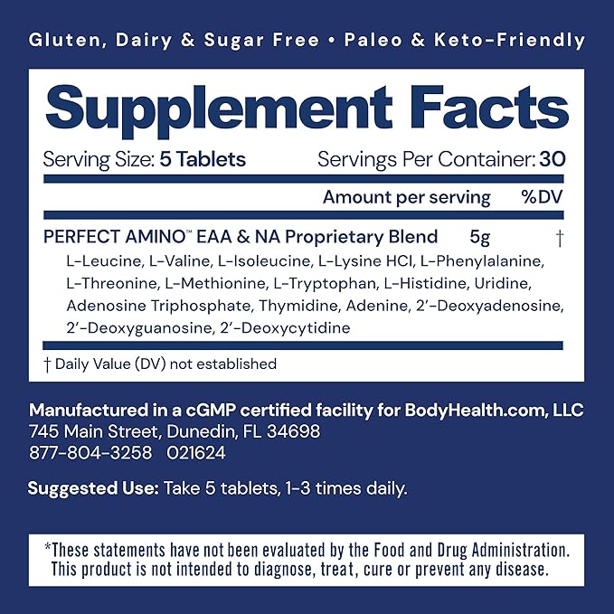 BodyHealth PerfectAmino Tablets (150 ct), Essential Amino Acid with BCAAs + Lysine, Phenylalanine, Threonine, Methionine, Tryptophan, Supplement for Muscle Mass Production, Recovery & Strength