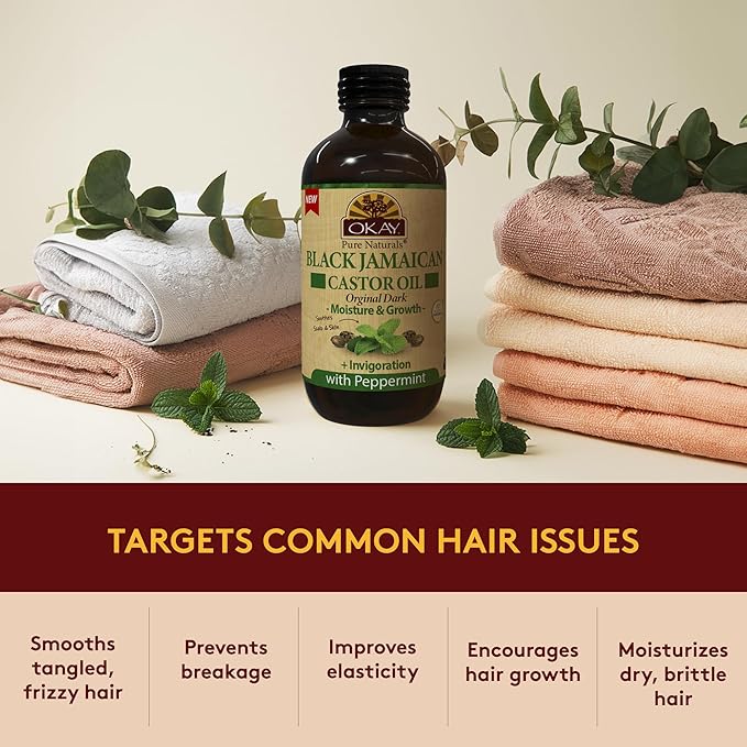 Okay Pure Naturals Black Jamaican Castor Oil - Castor Oil for Hair Growth, Moisture for Skin, Face, Scalp, Eyelashes, Eyebrows - Hair Oil for Men & Women - Peppermint, 4 oz Glass Bottle