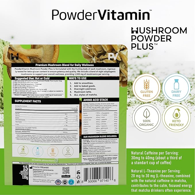 Organic Ceremonial Mushroom Matcha Certified Pesticide-Free Grass-Fed Collagen Types I & III, 8 Fruiting Body Mushrooms Tested for Beta-Glucans Focus Digestion & Immunity 15 Servings