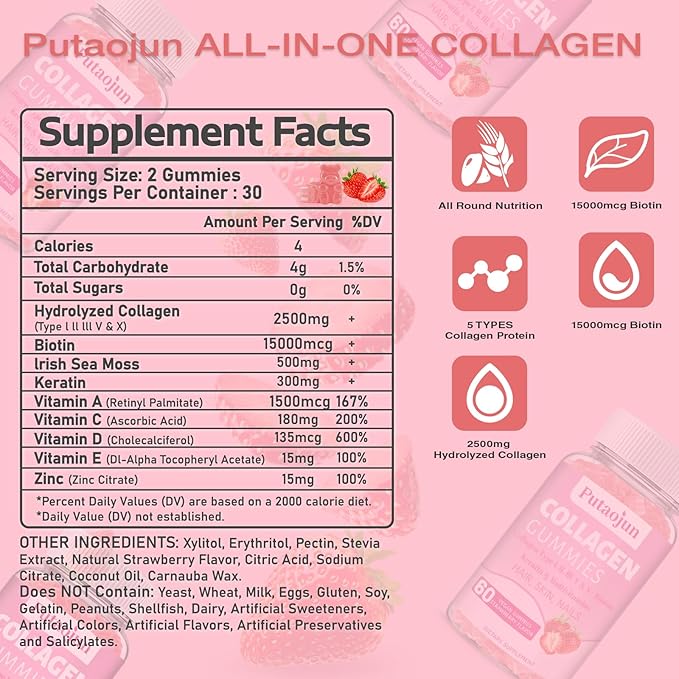 Collagen Gummies. Sugar Free 2500mg Hydrolyzed Collagen,15000mcg Boltin, 500mg Lrish 300mg Keratin,1500mcg Keratin,1500mcg Vitamin 180mg Vitamin 135mcg Vitamin 15mg Vitamin 15mg Zinc