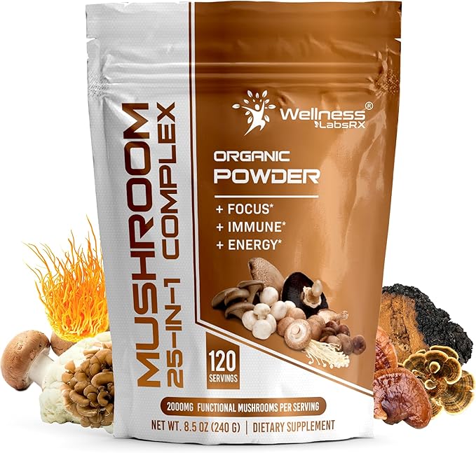 Mushroom Powder, 25 in 1 Mushrooms Supplement - 2000mg, 25 Superfood Mishroom Lions Mane Powder with Chaga, Shiitake, Cordyceps, Reishi - Lion's Mane Mushroom - 120 Servings