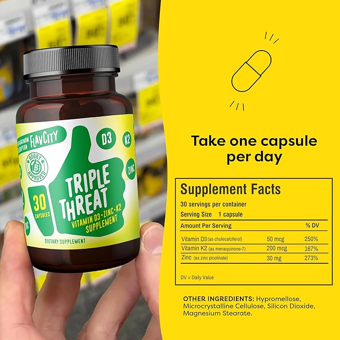 FlavCity Vitamin D Supplement, Triple Threat 3-in-1 Dietary D3, Zinc K2 for 30 Capsules