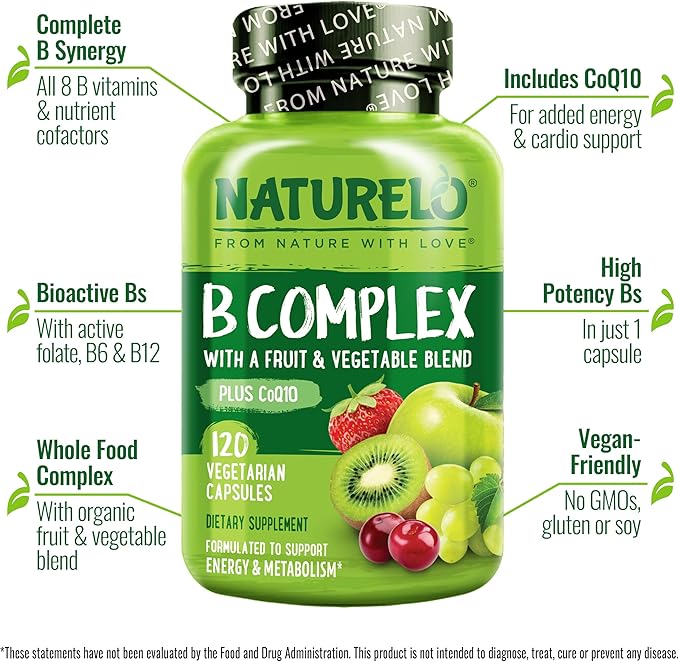 NATURELO Vitamin B Complex with Methyl B12, Methyl B6, Biotin CoQ10, and 120 Capsules