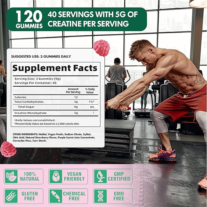 Creatine Monohydrate Gummies for Men & Women-5g of Creatine Monohydrate per Serving - Sugar Free,Vegan, Raspberry Flavor, 120 Count