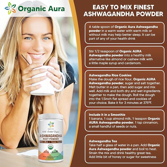 Certified Organic Ashwagandha Root Powder 8Oz -1/2Lb. Enhances 100% Pure