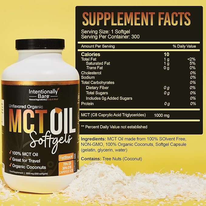 Intentionally Bare Organic MCT Oil Capsules - 70% C8 MCT Oil & 30% C10 MCT Capsules Unflavored for Keto Low Carb and Paleo Diet - MCT Oil C8 & C10 for Energy Mood & Focus - Non-GMO 300 Softgels