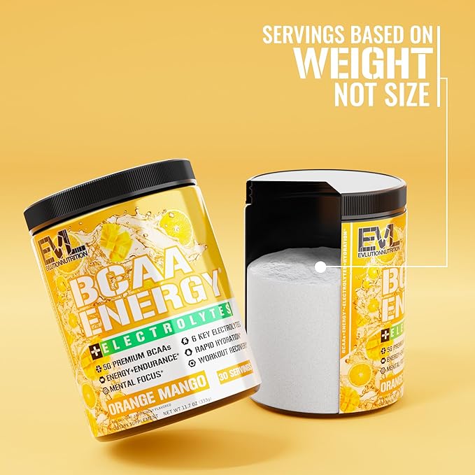 EVL BCAAs Amino Acids Powder - BCAA Energy Pre Workout Powder for Muscle Recovery Lean Growth and Endurance - Rehydrating BCAA Powder Post Workout Recovery Drink with 6 Key Electrolytes - Orange Mango