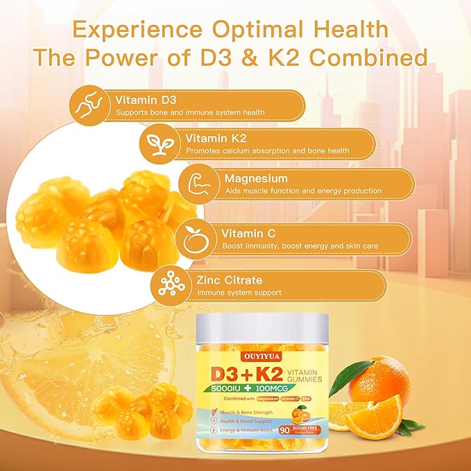 Vitamin D3 K2 Gummies, Vitamin D3 5000IU with K2 (MK-7) 100mcg Gummy for Women and Men, Sugar-Free D3 K2 Supplement with Magnesium, Vitamin C, Zinc Support Muscle, Bones & Immune