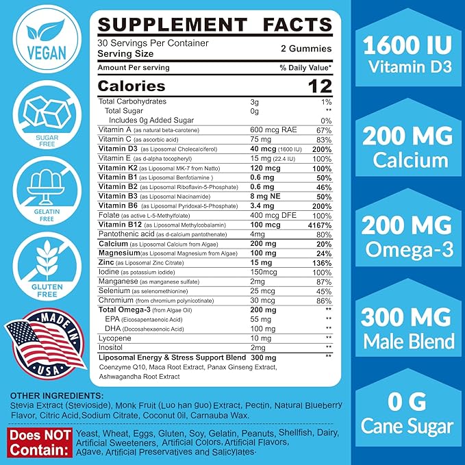 Multivitamin for Men Gummies, Vitamins A D3 K2 K2 E 3, CoQ10, CoQ10, Calcium, 120 Cts
