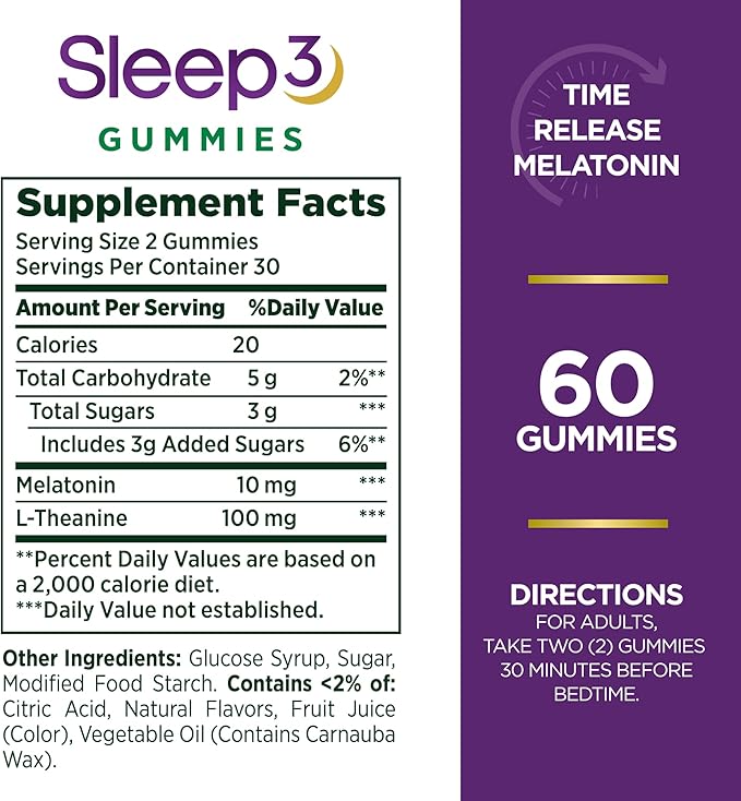 Nature's Bounty Sleep3 Gummies, Triple Action 10mg, Blueberry 60 Gummies