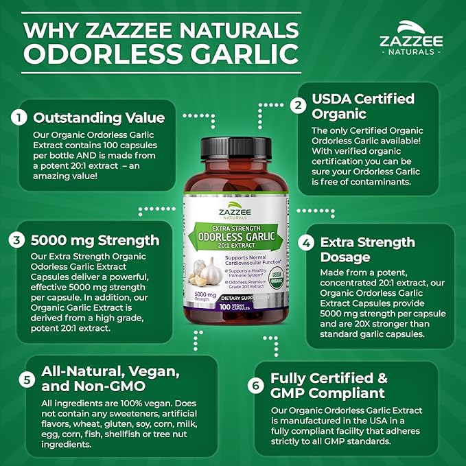 Zazzee USDA Organic Odorless Garlic 20:1 5000 mg 100 Vegan 3+ Month 20X Extract, 100% Vegetarian,