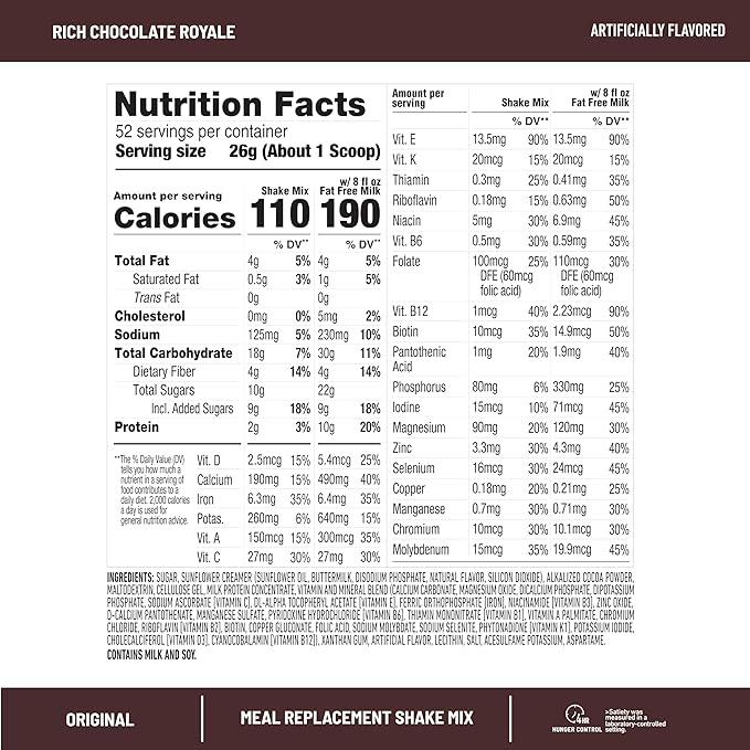 SlimFast Meal Replacement Powder, Original Rich Chocolate Royale, Weight Loss Shake Mix, 10g of Protein, 52 Servings (Packaging May Vary)
