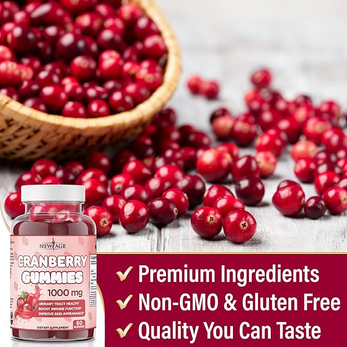 NEW AGE Cranberry Gummies Urinary Tract Health Gummies 1000mg - Supports Bladder, Kidney, UTI - Vegetarian (Cranberry 60 Gummies)