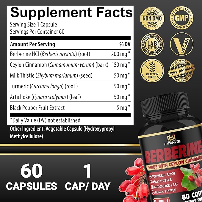Berberine with Ceylon Cinnamon, Turmeric, Milk Thistle, Artichoke, Black Pepper - 60 Count - Pack of 1