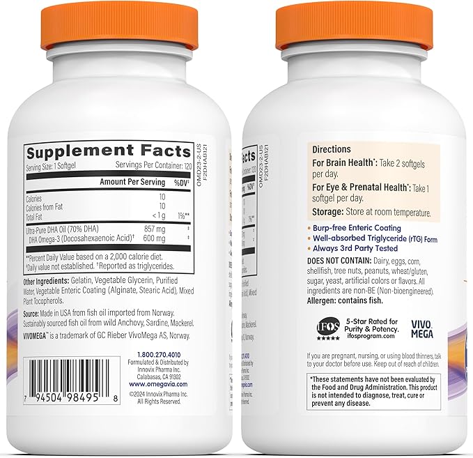OmegaVia DHA 600 mg Omega-3 DHA 3 Supplement, 5-Star Certified 120 Softgels