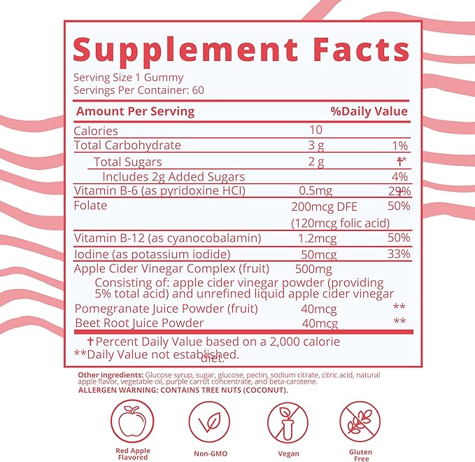 Baby Blues Apple Cider Vinegar Gummies - Vegan, Non-GMO & Gluten-Free, Postpartum Dietary Supplement with Both Vitamin B-6 & B12, 60 Pieces per Bottle