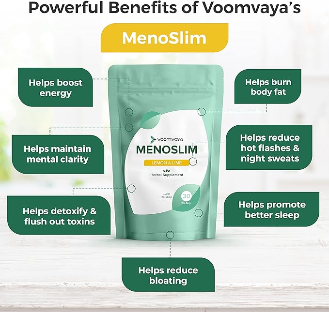 VoomVaya MenoSlim Tea - Hormone Balance Tea, Perimenopause & Estrogen Supplement for Women - for Bloating, Hot Flashes, Night Sweats & Meno-Belly - Lemon Lime Flavor - 30 Teabags