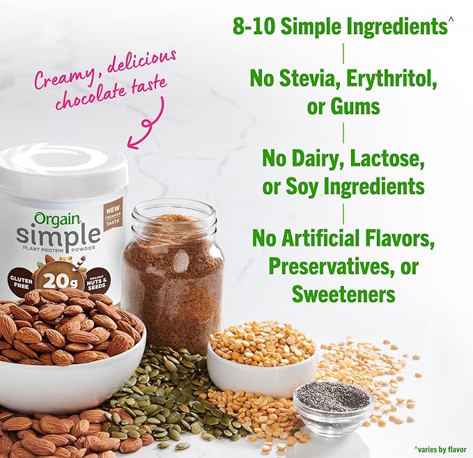 Orgain Organic Simple Vegan Protein Powder, Chocolate 20g Plant 1.25lb