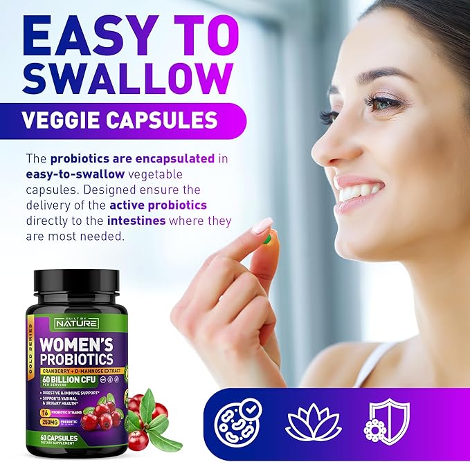 Probiotics for Women - 60 Billion CFUs, 16 Strains, with Cranberry, D-Mannose & Prebiotics - Supports Digestive, Immune, & Vaginal Health - Non-GMO, Dairy & Gluten-Free - 60 Veggie Capsules