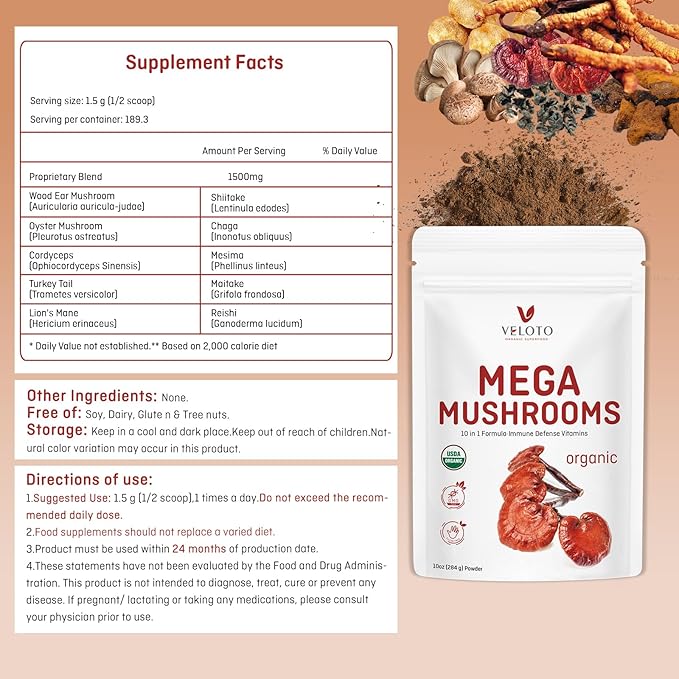 Organic Mega Mushroom Powder Blend, 10 in 1 Complex Mushroom Extract Powder Herbal Supplement with Reishi, Cordyceps, Chaga, Lion's Mane, Vegan & More, Sustainably US Grown, Filler Free, 10oz