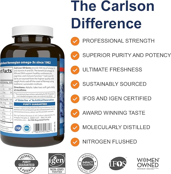 Carlson - Cod Liver Oil Gems, 460 mg Omega-3s, plus D3, Wild 150 + 30 Softgels