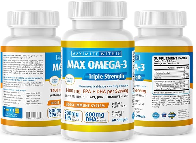Max Omega 3 Fish Oil Pills (2000 mg 3 Fatty 600mg DHA 800 mg