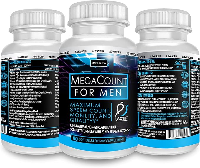 ACTIF MegaCount for Men - Maximum Fertility Support and Sperm Count Booster, Clinically Proven to Improve Sperm Count and Motility - Non-GMO, Made in USA, 90 Count