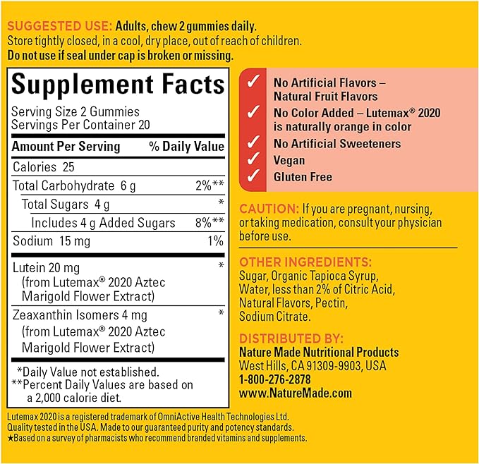 Nature Made Lutein & Zeaxanthin Gummies, 40 Vegan 20 Day