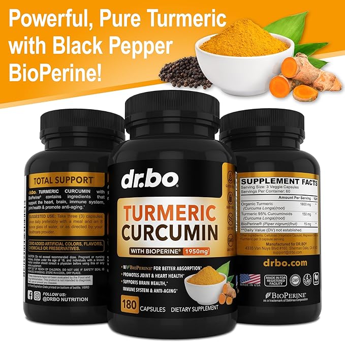 Turmeric Curcumin with BioPerine Supplement Capsules 1950mg Curcuma 180 Turmeric