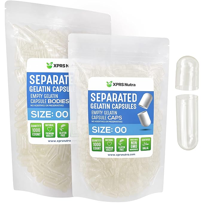 XPRS Nutra Gelatin Size 00 Separated Capsules - 1000 Count Gelatin Empty Capsules Separated in Bags - Separated Empty 00 Capsules - Pill Capsules DIY