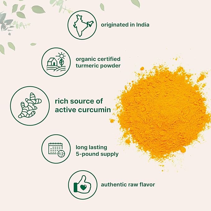 Organic Turmeric Powder, 5 Pounds | Rich in Active Curcumin | Pure Turmeric Supplement | Antioxidant Support for Joint & Immune Health | Non-GMO, Vegan Friendly, India Origin