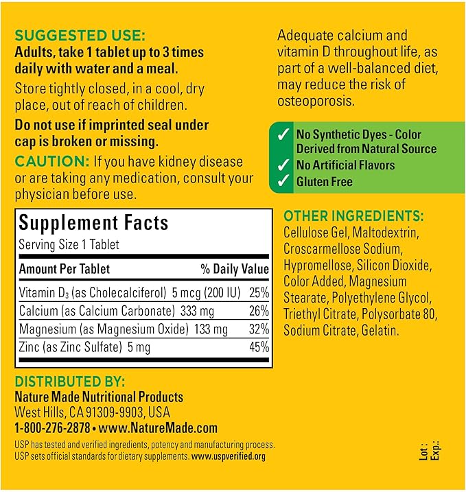 Nature Made Calcium Magnesium Zinc D3, Dietary 300 Tablets