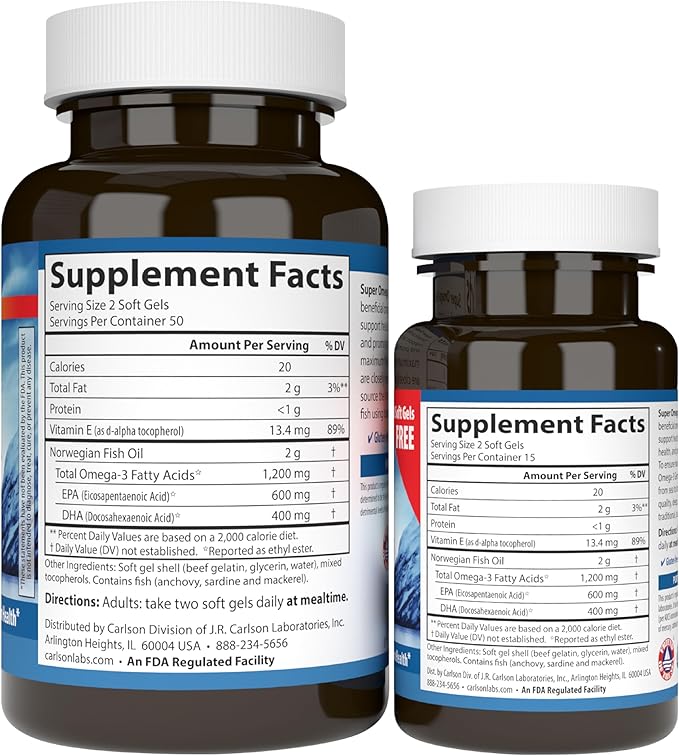 Carlson - Super Omega-3 Gems, 1200 Omega-3 Fatty 3 Supplements, 100+30 Softgels