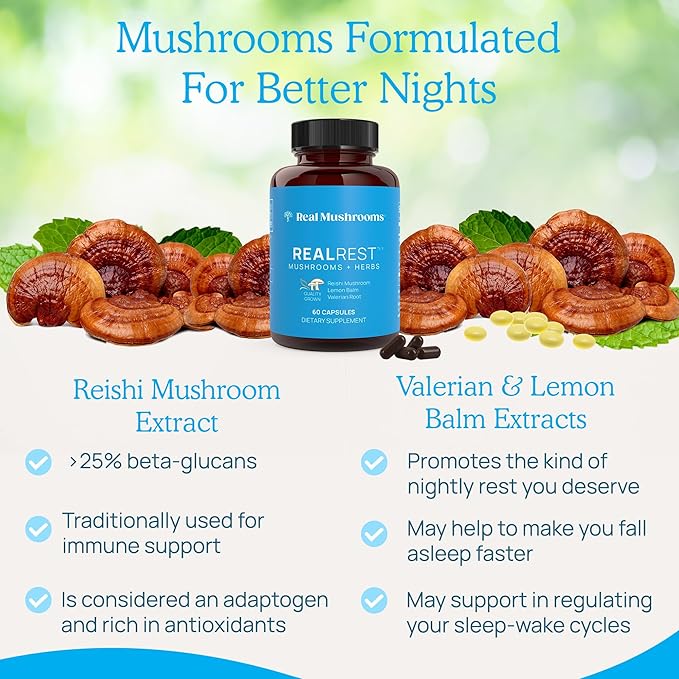 Real Mushrooms RealRest (60ct) Reishi Mushroom Capsules for Relaxation - Organic Reishi Mushrooms with Lemon Balm Herb - Sleep Support Supplement Mushroom Complex for Rest & Immune Support