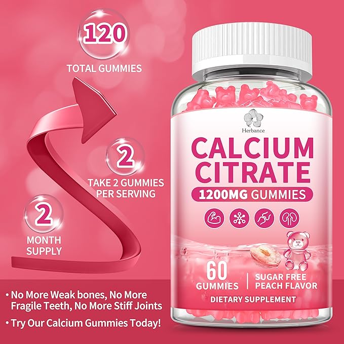 Calcium Citrate Gummies 1200 mg for Adults, High Absorption Pure Calcium Supplement for Women & Men, Sugar Free, Non-GMO, Gluten Free, Supports Muscle & Immune - Natural Peach Flavor, 120 Gummies