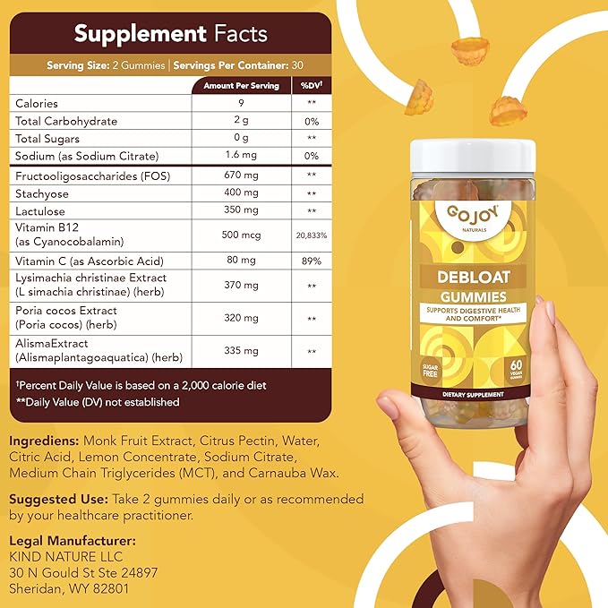 GOJOY NATURALS Lemon Debloat Gummies - Bloating, Gut Health & Digestive Support Herbal Supplement for Women & Men - Non-GMO, Sugar, Soy & Gluten Free - Vegan (30 Servings)
