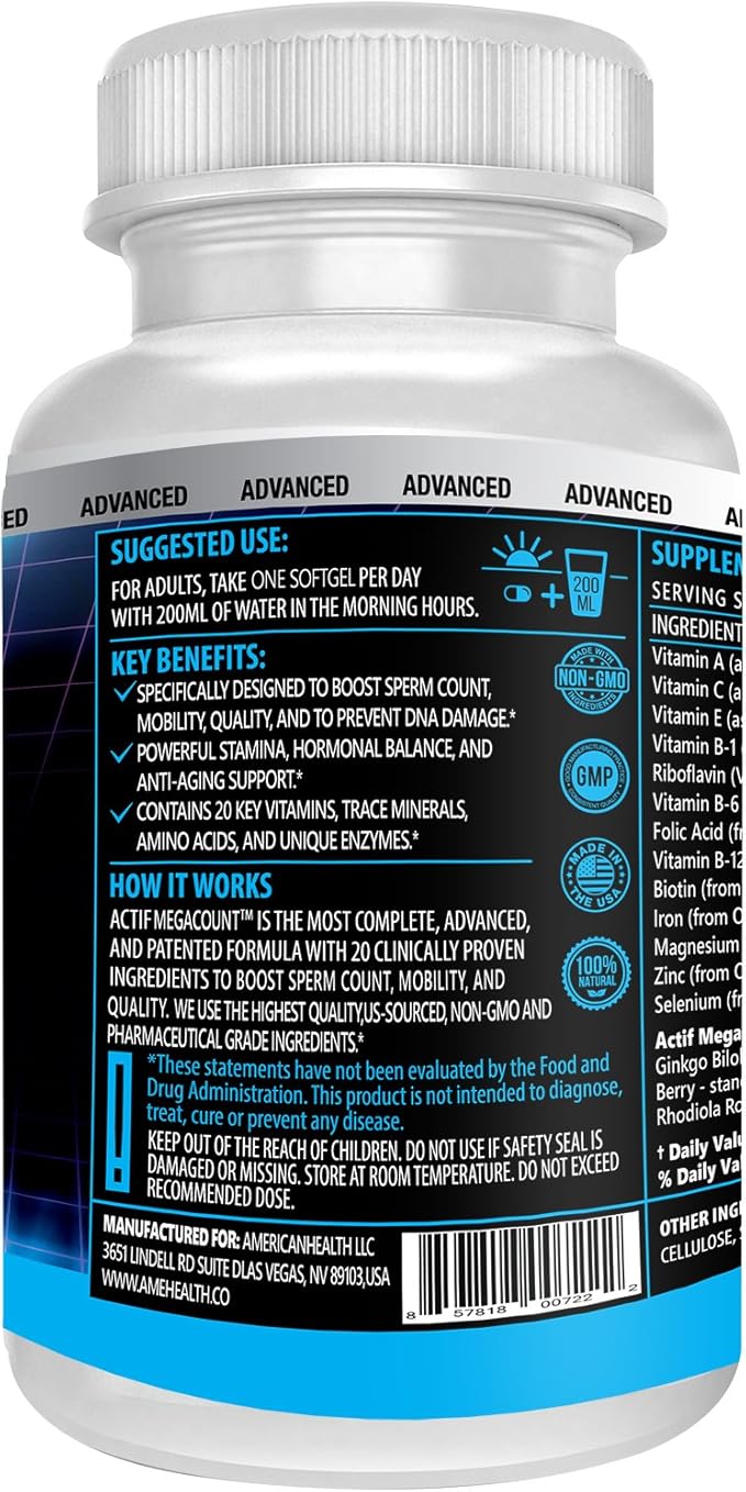 ACTIF MegaCount for Men - Maximum Fertility Support and Sperm Count Booster, Clinically Proven to Improve Sperm Count and Motility - Non-GMO, Made in USA, 90 Count