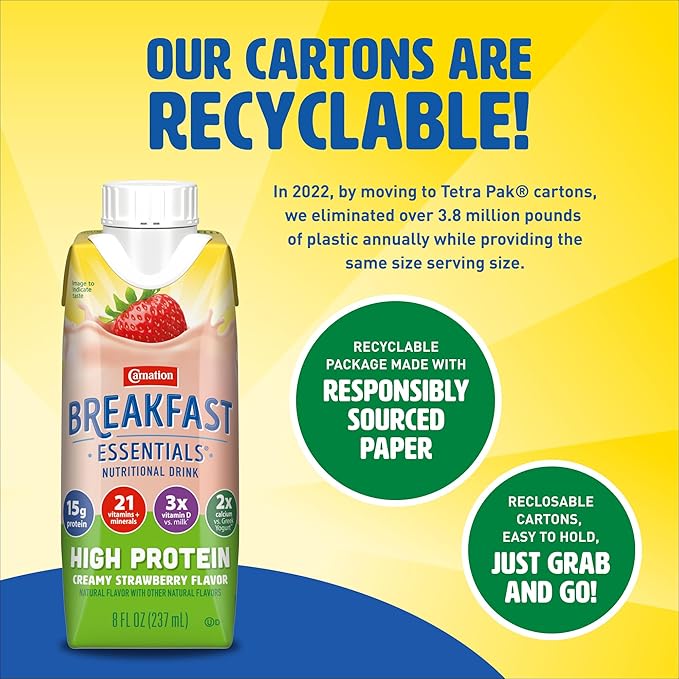 Carnation Breakfast Essentials High Protein Nutritional Drink, Ready-to-Drink, 15g Protein, Vitamins C & D for Immune Support, Calcium, Gluten-Free, Kosher, Creamy Strawberry, 8 FL OZ Carton (24 Pack)