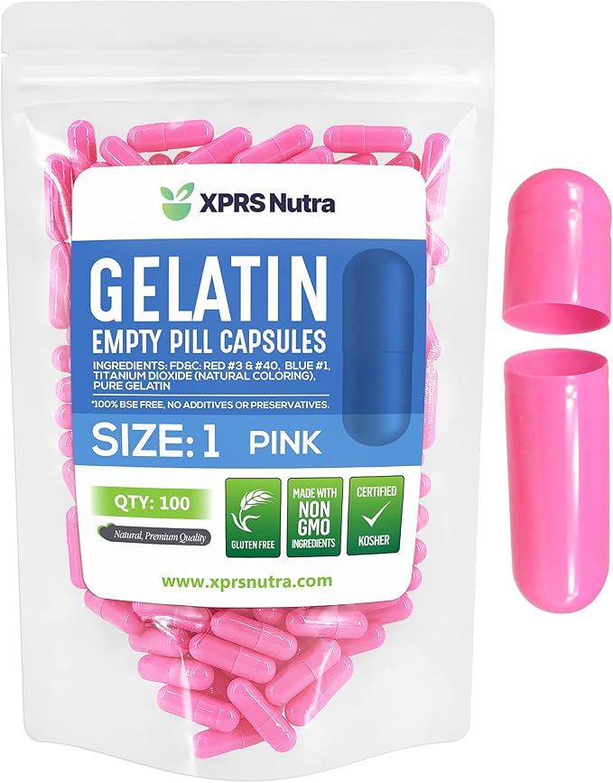 XPRS Nutra Size 1 Empty Capsules - 100 Count Empty Gelatin Capsules - Empty Pill Capsules for DIY Capsule Filling - Pure Bovine Pill Capsules Empty Gel Caps (Pink)