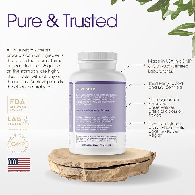 Pure 5-HTP (5-Hydroxytryptophan) Plus GABA Supplement 60 Veggie