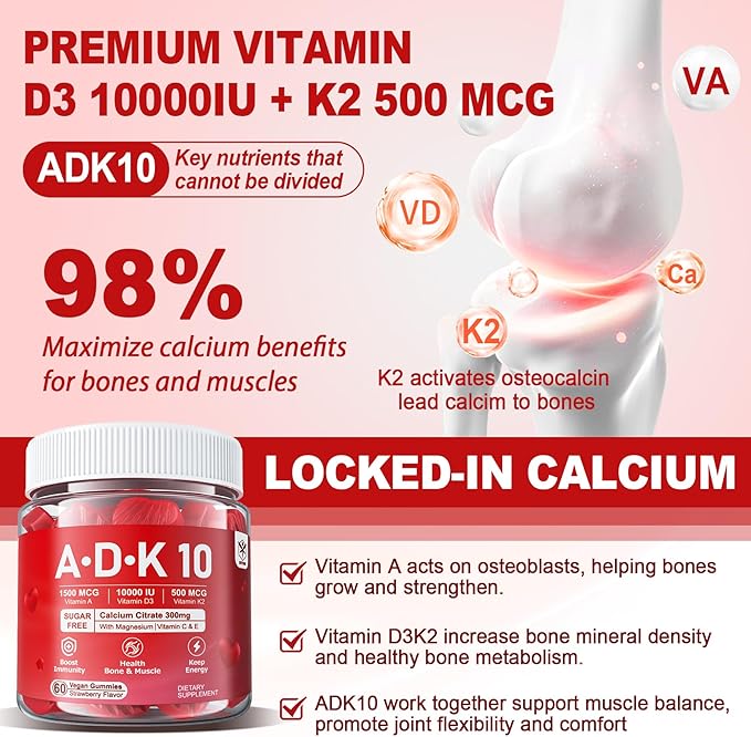 Vitamin A D3 K2 Gummies 5000IU 10,000 IU D3 with 10 Vitamin K2 MK-7 MK-7 500mcg 500mcg for 2Packs