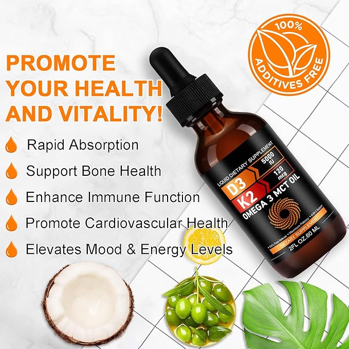 Vitamin D3 5000 IU & K2 (MK-7) 120 mcg 60ml Drops with MCT Oil Omega 3, Liquid Vitamin D3 & K2 Supplements - 2 Months Supply -Supports Bones, Teeth, Mood & Immune System, Calcium Absorption