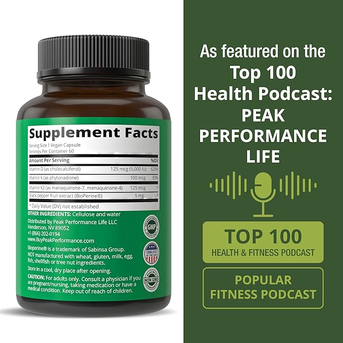 Peak Performance Advanced Vitamin D 5000 IU with All 3 Types of Vitamin K Vitamin D3 and Vitamin K2, K1, MK-7 (MK7), MK4 Supplement. 60 Small and Easy to Swallow Vegetable Pills (5000 IU)