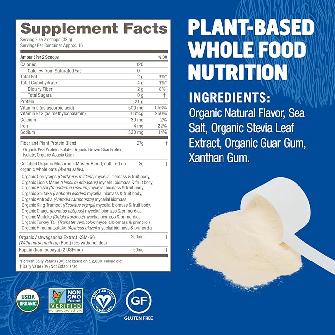 OM MUSHROOM SUPERFOOD Master Blend Plant-Based Protein Powder, 18.27 Ounce, 16 Servings, Creamy Vanilla Protein with 10 Mushroom Complex, Lions Mane, Adaptogens for Optimal Health and Recovery