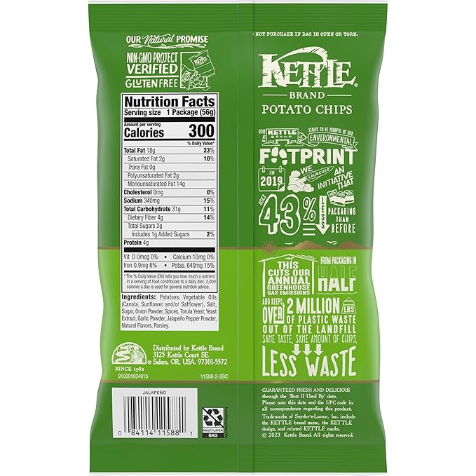 Kettle Brand Potato Chips, Jalapeno Kettle Chips, Snack Bag, 2 Oz (Pack of 6)