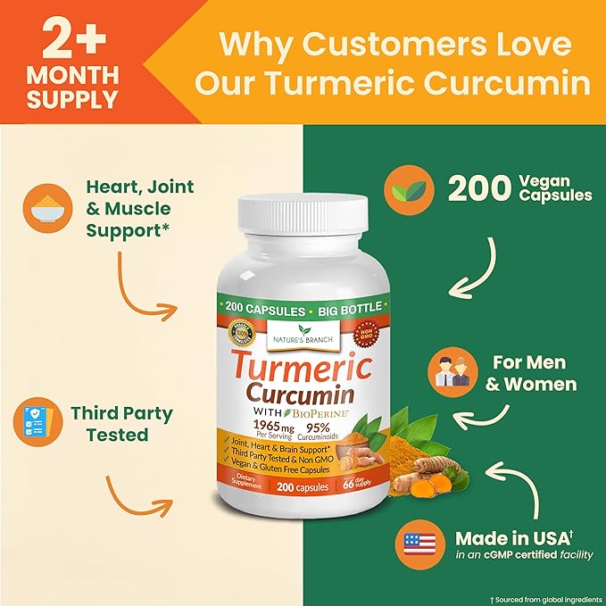 Turmeric Curcumin with Black Pepper - Organic Turmeric Powder - 200 Capsules - 1965mg Extra Strength, Joint Support Supplement - High Absorption, BioPerine Extract, High Potency, Vegan - Made in USA