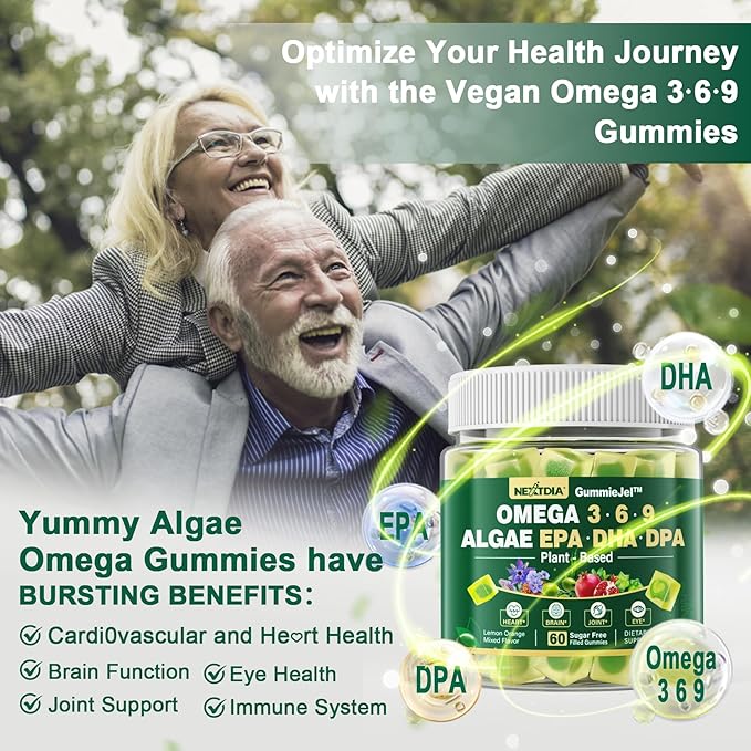 Vegan Omega 3 Gummies, Sugar Free 3 Fish 3-6-9 Fatty Omega-3 Gummies 60 Counts